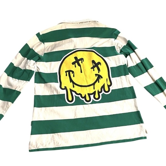 Cornerstore Bodega ‘Say Less’ Smiley Face Men’s Long Sleeve Green Striped Polo - Picture 3 of 12